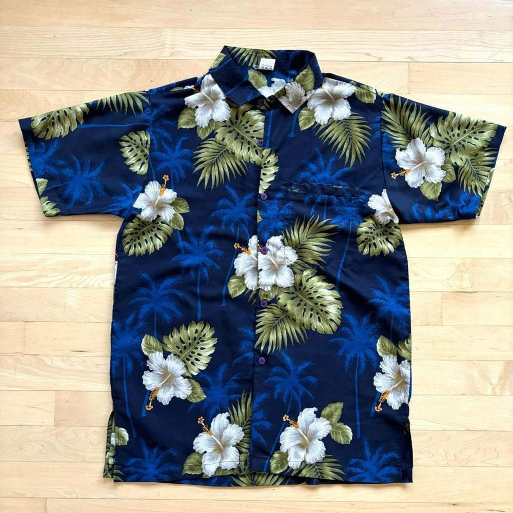 Men's Navy Floral Hawaiian Shirt with White Hibiscus
